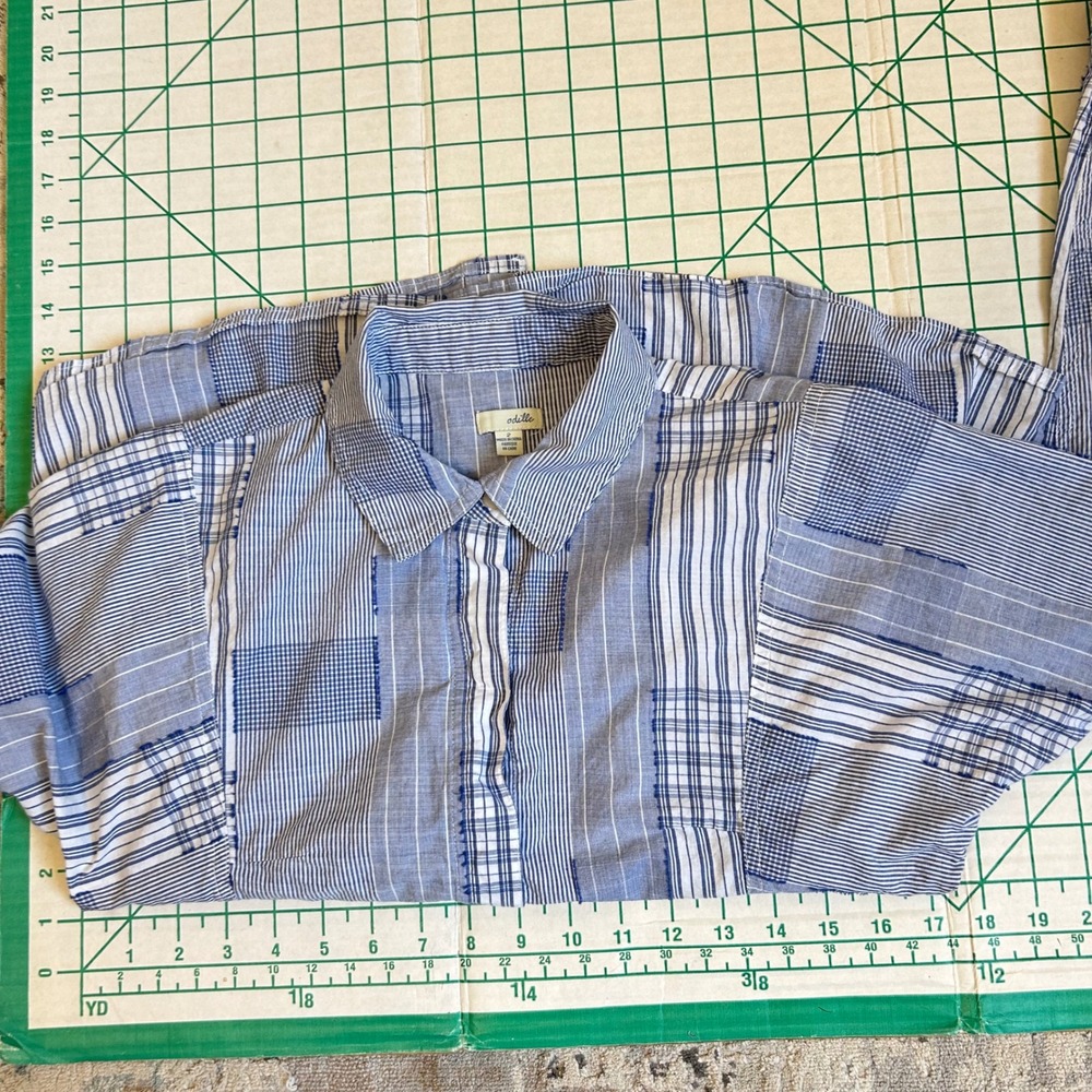 Vintage Anthropologie Shirt Size 2 Blue White Patchwork Quilt Striped Boho Beach - Picture 6 of 10
